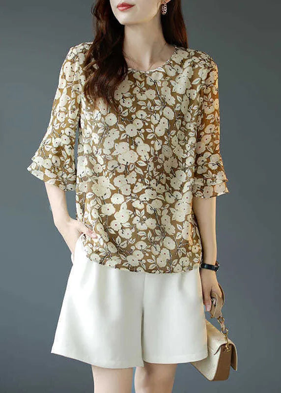 French Green O-neck Print Chiffon Shirt Top Flare Sleeve