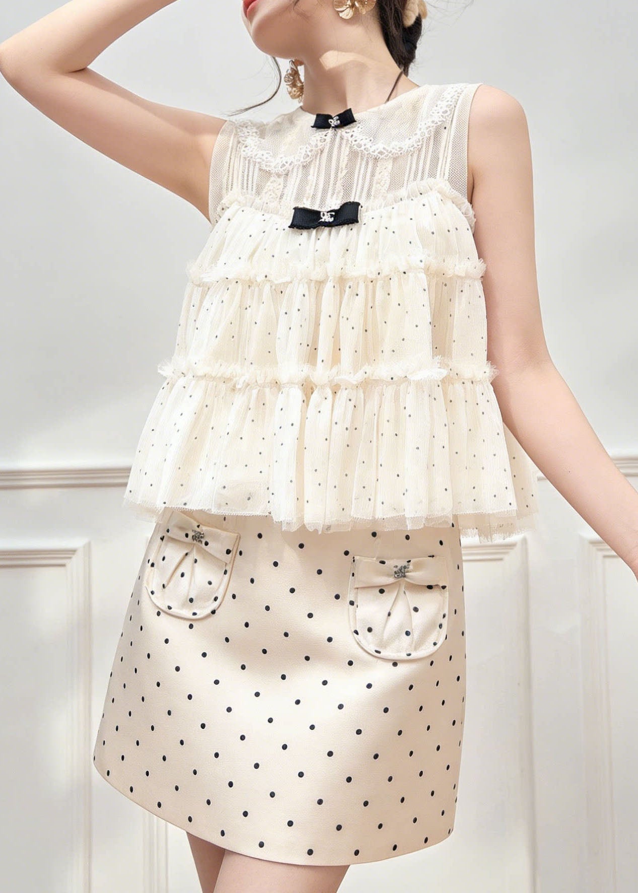 New Lace Patchwork Dot Spaghetti Strap Camisole and Skirts Summer Three Piece Set