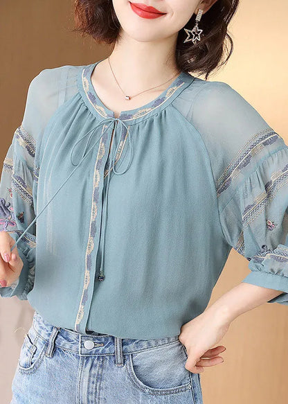 Light Blue O-neck Drawstring Embroideried Silk Tops Spring