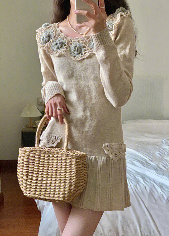 Apricot Hollow Out Patchwork Knit Mid Dress Winter