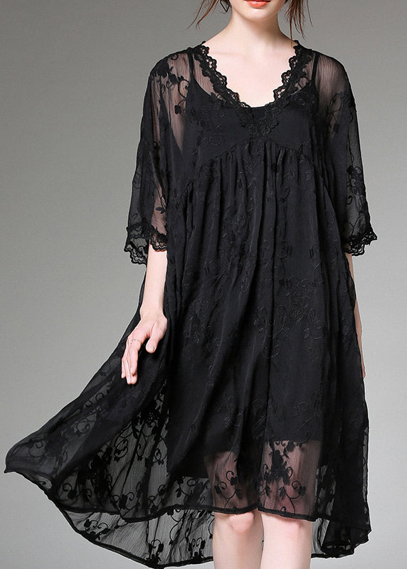 Handmade Black Embroideried Patchwork Tulle Two-piece Set Dress Summer