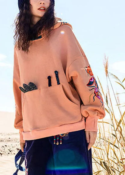 Orange Patchwork Warm Fleece Sweatshirt Hooded Spring
