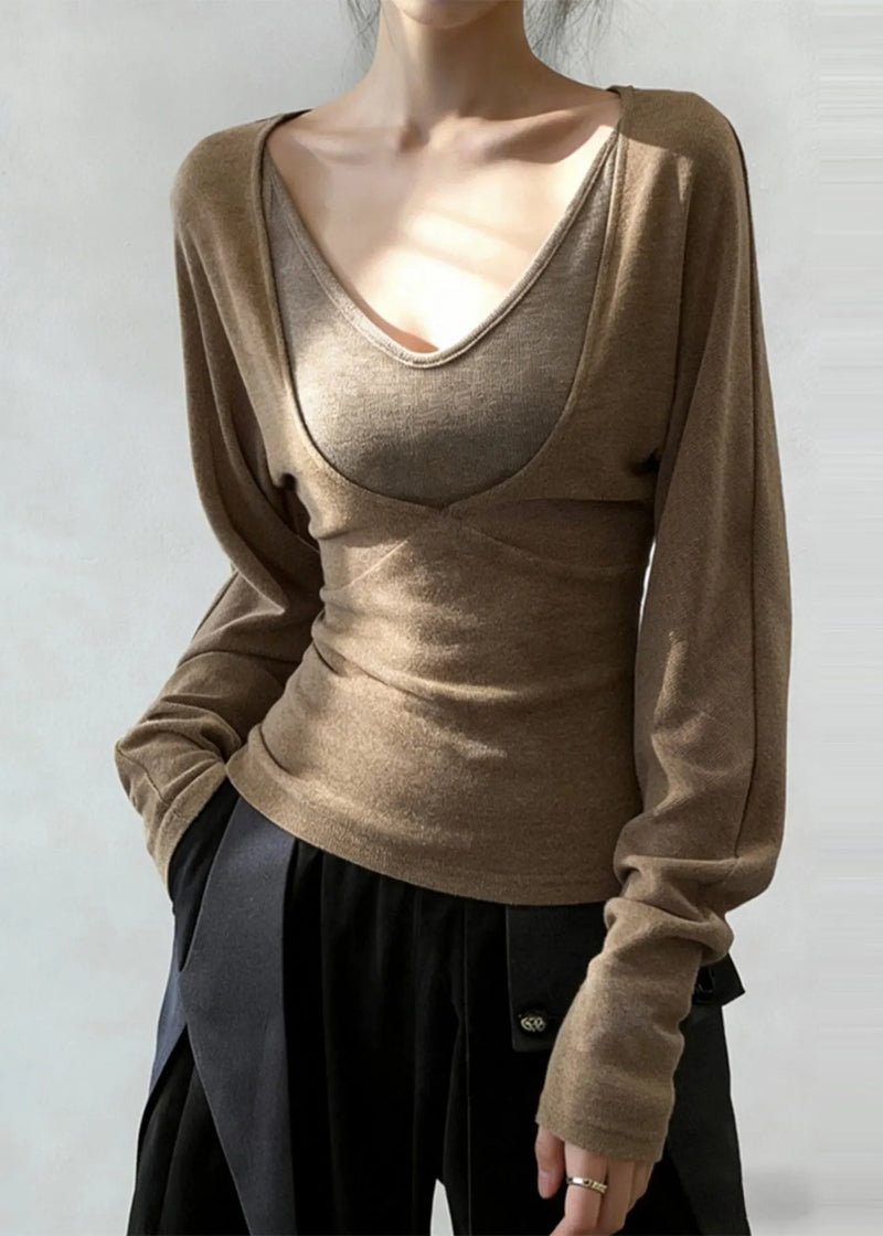 Khaki V Neck Patchwork Cotton Shirt Tops Spring