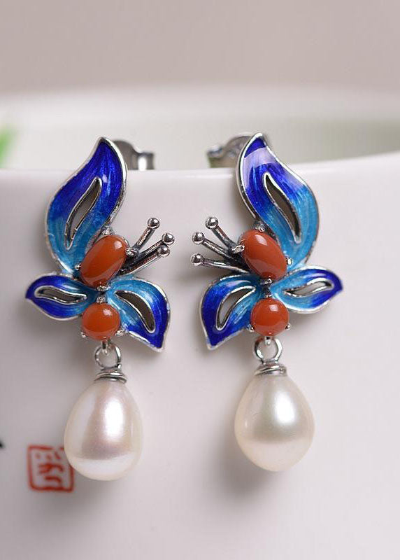 Cloisonne Butterfly Pearl Metal Stud Earrings