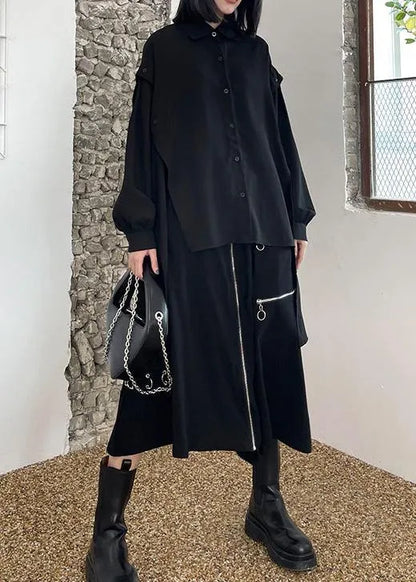 Black Asymmetrical Design Button Shirt Long Sleeve Spring