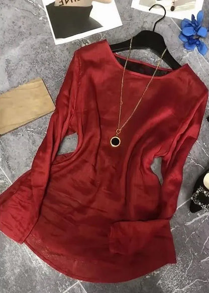 Red Back Lace Up Patchwork Cotton Tops Fall