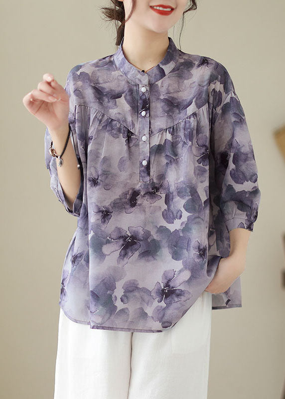 Purple Stand Collar Print Patchwork Cotton Shirt Tops Summer