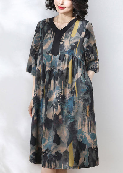 Blue V Neck Print Wrinkled Dress Half Sleeve