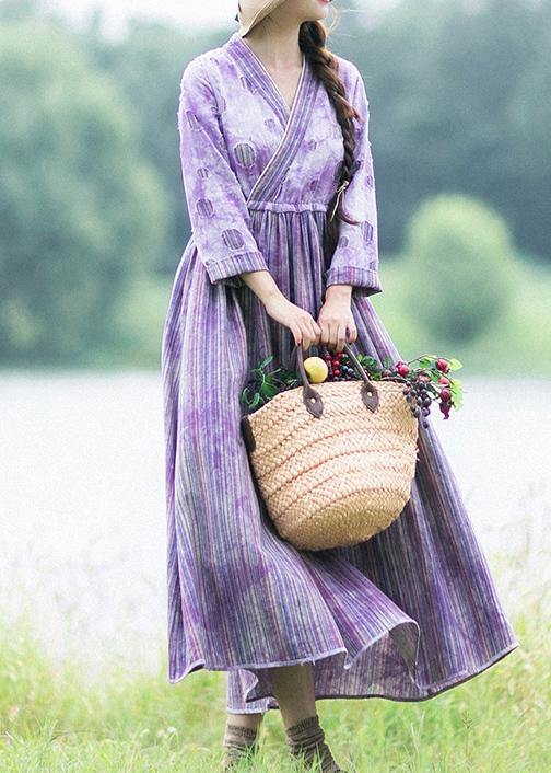 Purple Striped Quilting Dresses Patchwork Two Ways to Wear Long Spring Dress