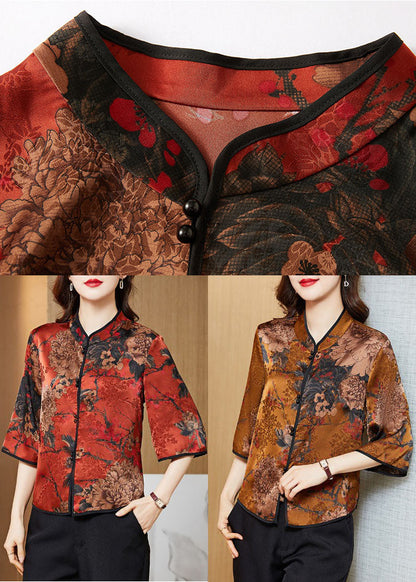 White Geometry Mandarin Collar Print Silk Shirt Tops Half Sleeve
