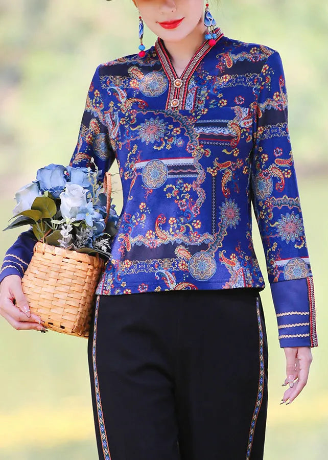 Blue V Neck Print Button Tops Spring