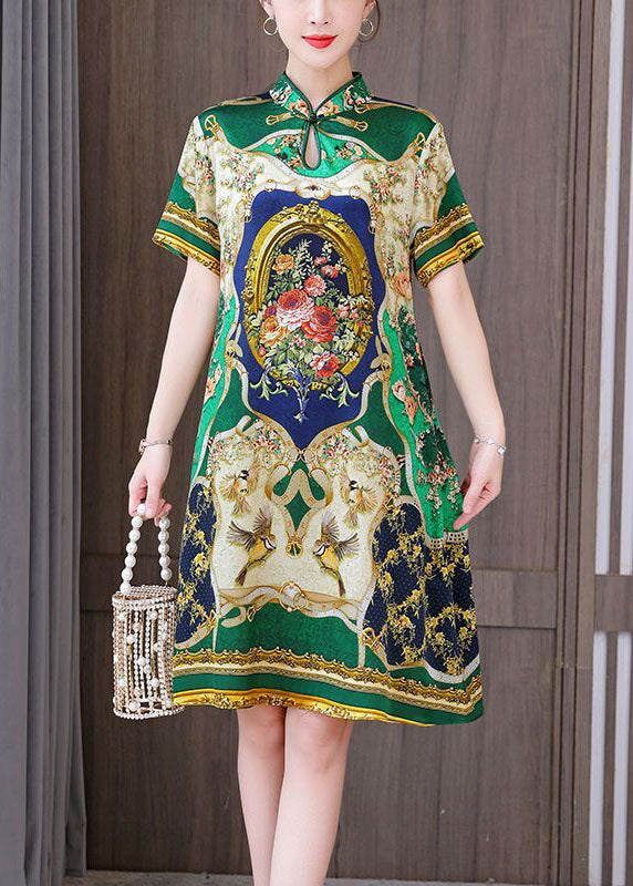 Chinese Style Green Print Mandarin Collar Silk a Line Dress Summer