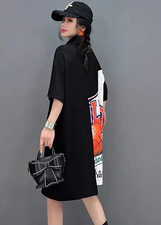Loose Black Peter Pan Collar Print Asymmetrical Patchwork Zippered Pockets Shirt Short Sleeve