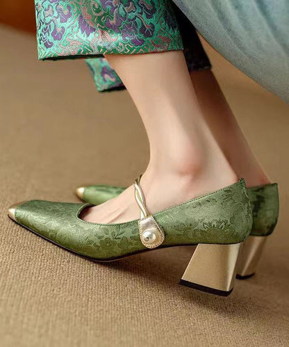 Chinese Retro Gold Chunky Heel Print Buckle Strap Loafers