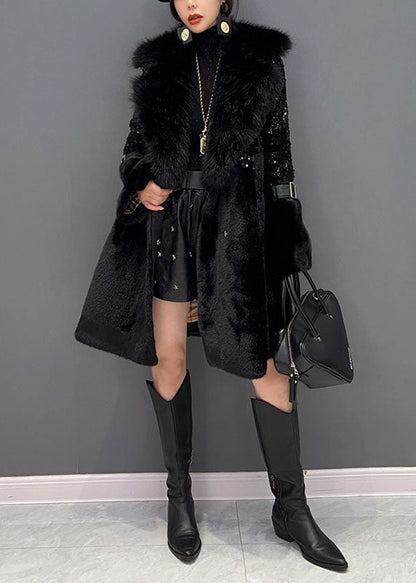 Black Fur Collar Sequins Patchwork Pockets Leather and Fur Coats Winter