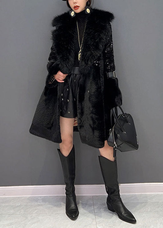 Black Fur Collar Sequins Patchwork Pockets Leather and Fur Coats Winter