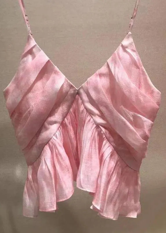 Stylish Pink V Neck Wrinkled Spaghetti Strap Tank Sleeveless