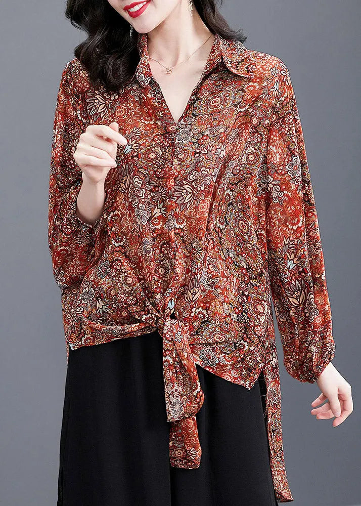 Red Peter Pan Collar Button Print Side Open Chiffon Shirt Tops Long Sleeve