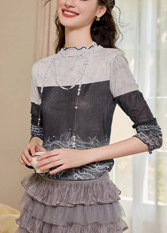 Slim Fit Colorblock Stand Collar Print Top Fall