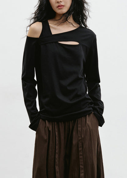 Black Cold Shoulder Patchwork Cotton T Shirt Top Spring