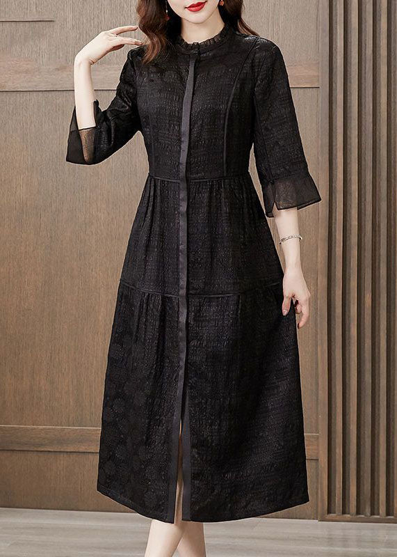 Black Stand Collar Patchwork Ruffled Silk Dress Summer