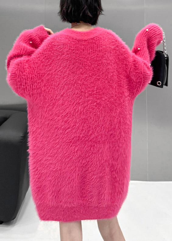 Loose Rose O Neck Pearl Mink Hair Knitted Sweater Spring