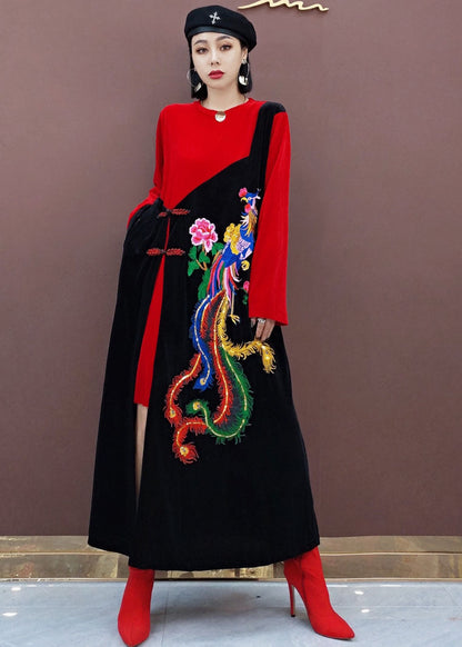 Red Oriental Embroideried Patchwork Velour Long Dresses Spring