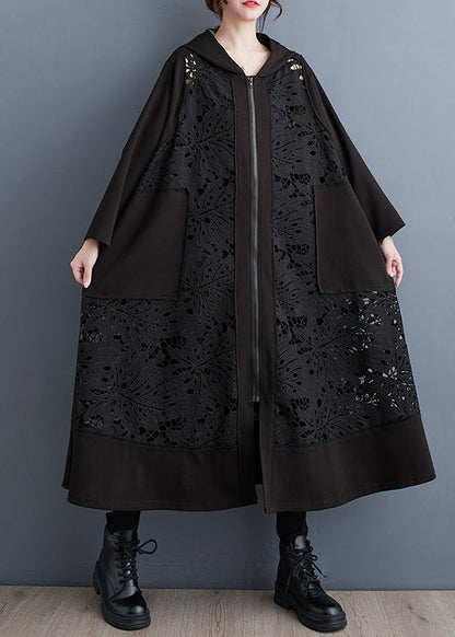 Black Oversized Patchwork Hollow Out Cotton Coat Spring