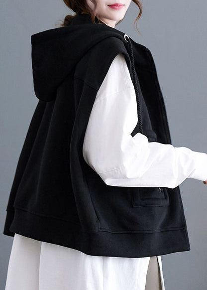 Black Patchwork Pockets Hoodie Waistcoat Fall