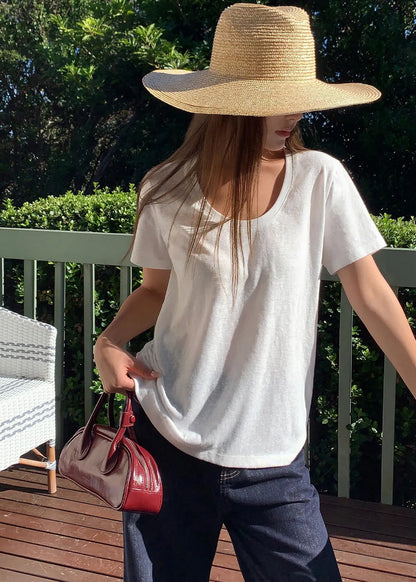 Simple Style White U Neck Cotton T Shirt Top Summer