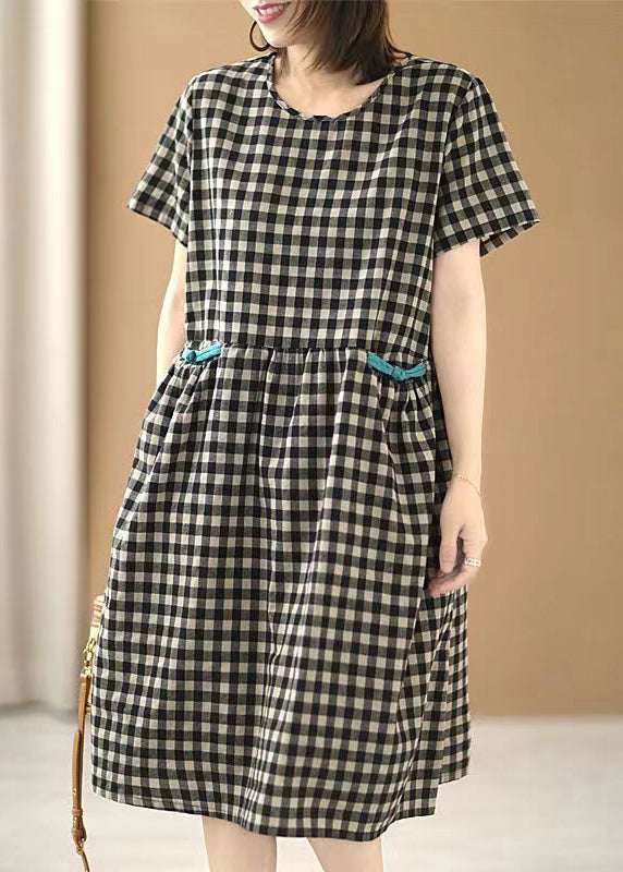 Black Plaid O-neck Patchwork Cotton Mid Dress Summer