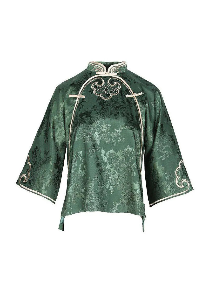 Oriental Green Stand Collar Button Silk Tops Three Quarter Sleeve