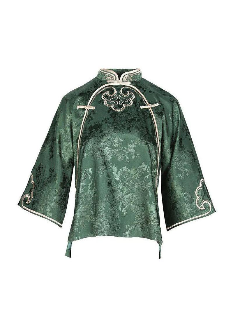 Oriental Green Stand Collar Button Silk Tops Three Quarter Sleeve
