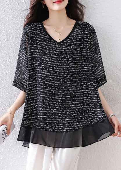 Black Oversized Patchwork Chiffon Tops Summer