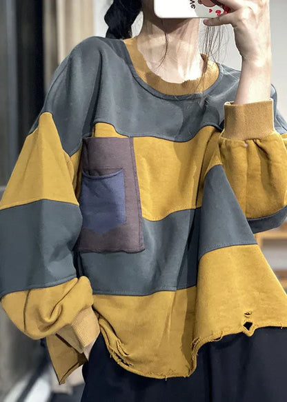 Coffee O-neck Striped Hole Fall Pullover Sweatshirt