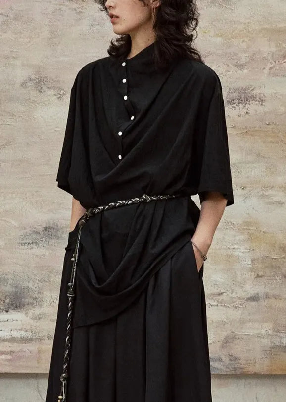 Black Stand Collar Button Cotton Blouses Half Sleeve