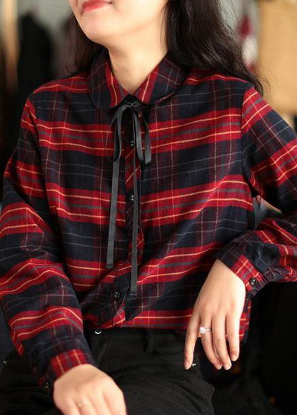 Modern Peter Pan Collar Spring Tunic Top Red Plaid Shirts