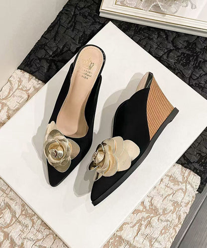 Classy Splicing Wedge Heels Black Suede Slide Sandals