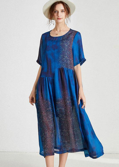 Blue O-neck Patchwork Summer Dresses Half Sleeve