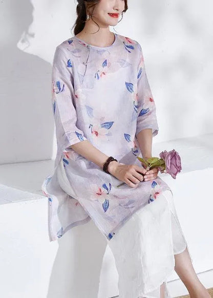 Grey Purple Side Open Print Summer Ramie Shirts Half Sleeve