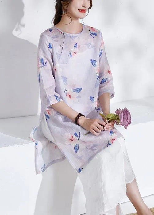 Grey Purple Side Open Print Summer Ramie Shirts Half Sleeve