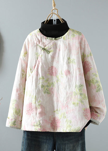 Pink Stand Collar Patchwork Print Fine Cotton Filled Oriental Coats in Winter