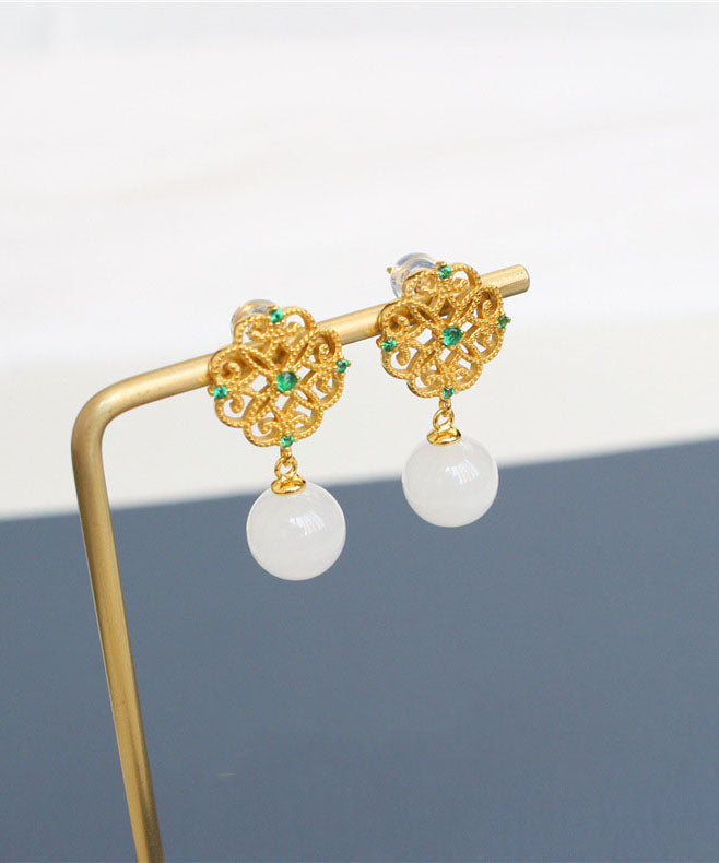 White Sterling Silver Overgild Jade Clover Hollow Out Drop Earrings