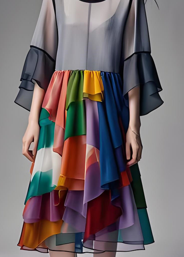 Grey Asymmetrical Design Wrinkled Patchwork Chiffon Dresses Summer