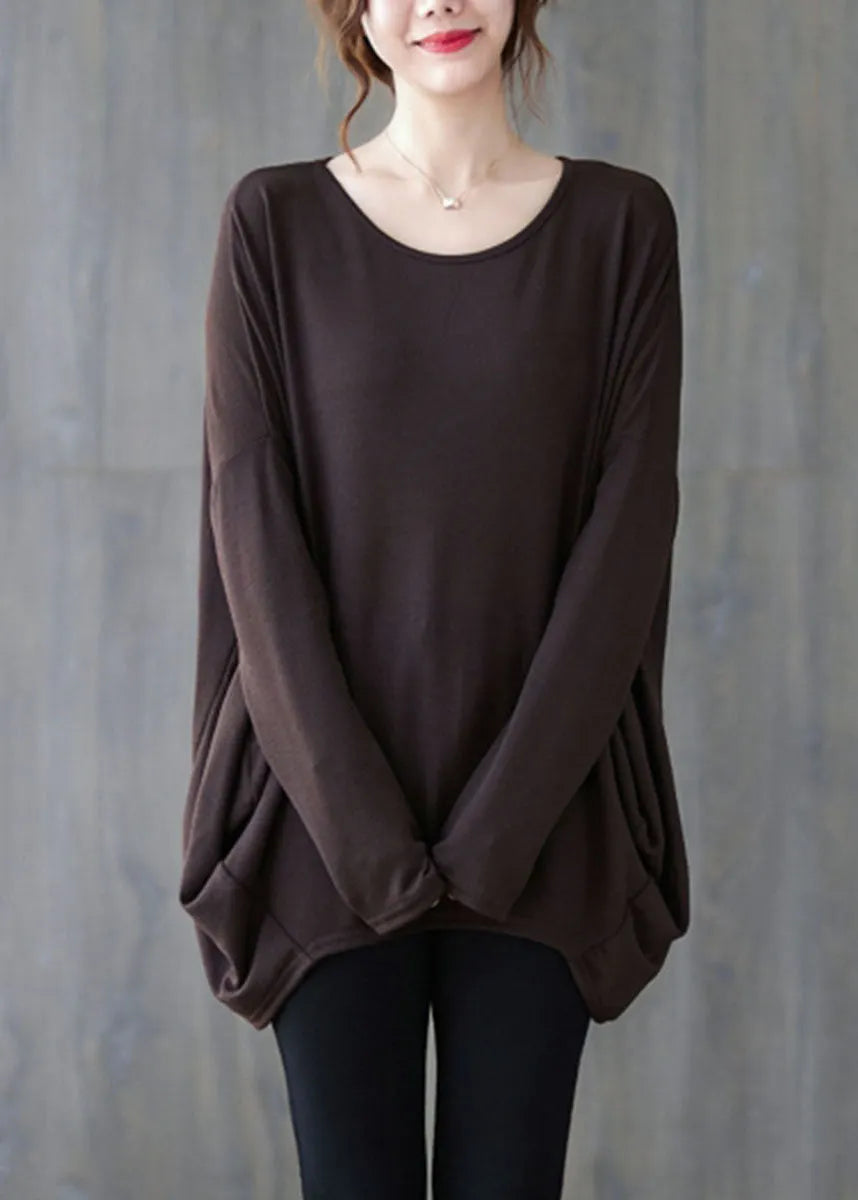 Chocolate O-neck Oversized Cotton Shirt Top Batwing Sleeve