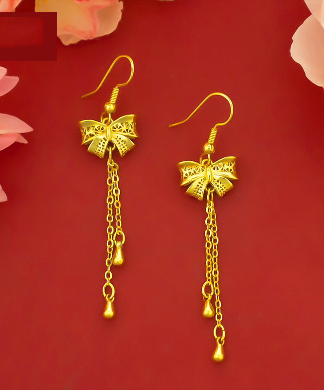 Gold Sterling Silver Overgild Bow Tassel Drop Earrings