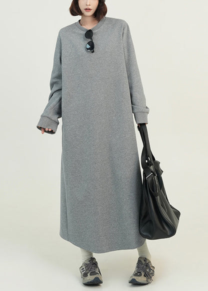 Grey O Neck Loose Cotton Straight Dresses Fall