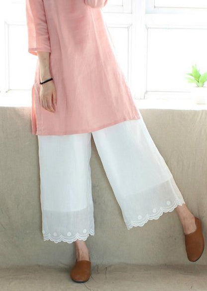 Loose Summer White Embroidery Shape Elastic Waist Pant