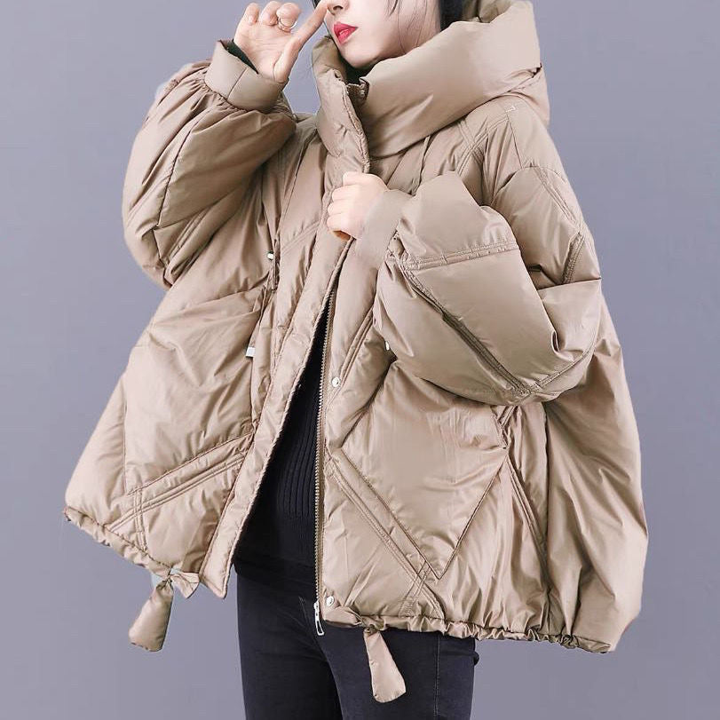 Black Hooded Loose Zippered Warm Winter Duck Down Jacket
