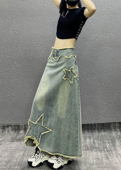 Blue Tasseled Nail Bead High Waist Denim Skirts Fall